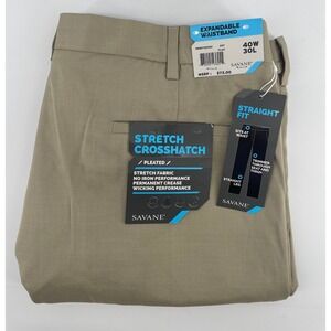 Savane Dress Pant Men 40x30 Flax Stretch Crosshatch Pleated Expandable Waist NEW